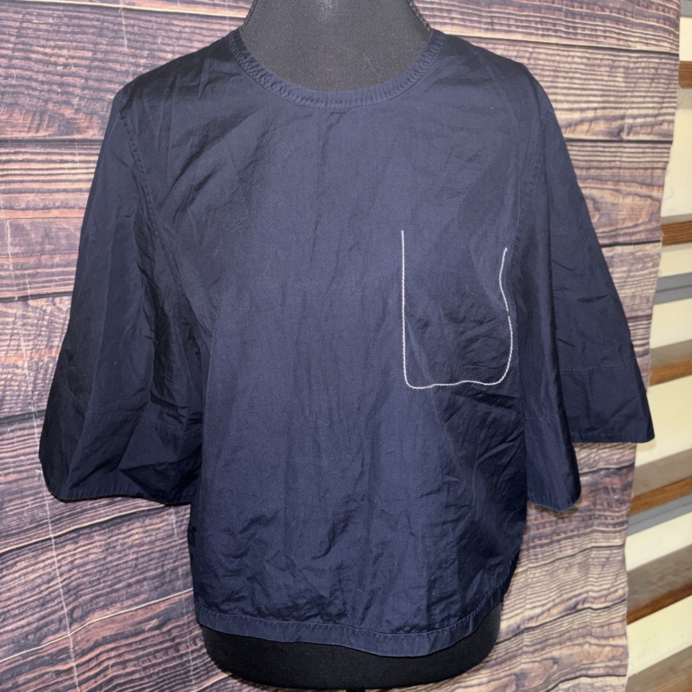 3.1 Phillip Lim Navy Blue Boxy Back Zip Short Sleeve Shirt Size 4 Faux Pocket